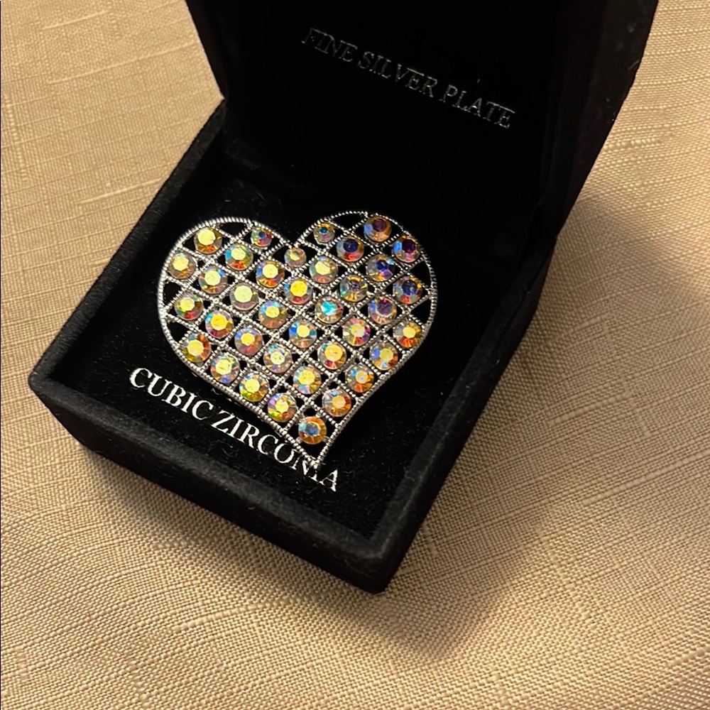 Cubic Zirconia Heart Brooch with Multicolor Stones